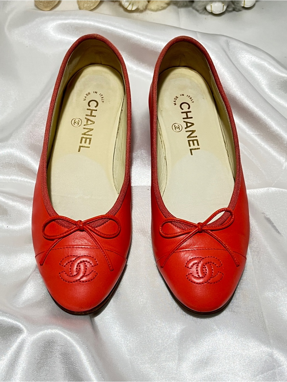 Chanel pink Red Leather Ballet Flats - Classic CC Bow